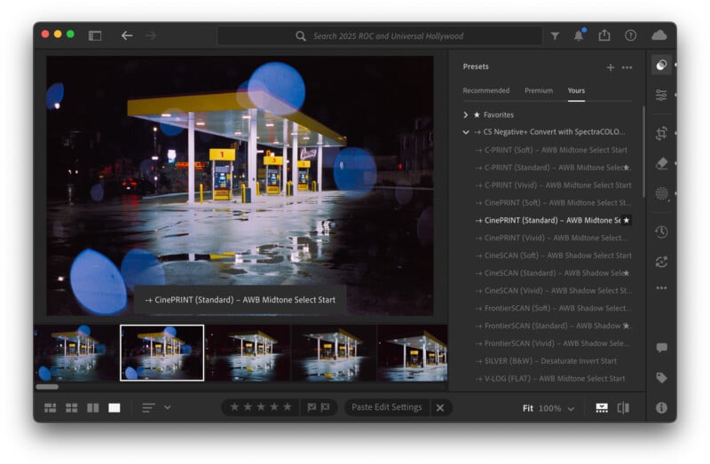 A photo editing software window displays a nighttime image of a yellow gas station, with blue bokeh overlays, and a list of color grading presets on the right side. Thumbnails of image edits appear below the main photo.