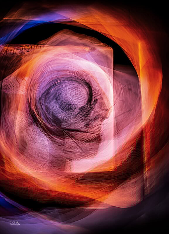 Abstract digital artwork featuring swirling shades of orange, purple, and black, with the faint outline of a human skull and head profile at the center, creating a sense of motion and energy.