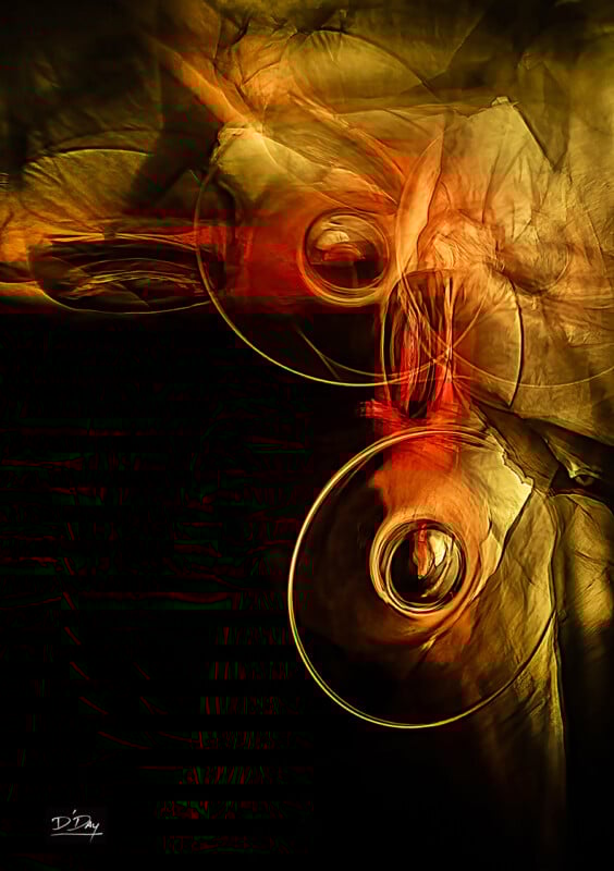 Abstract digital artwork with swirling golden and red light trails over textured, smoky background, creating a sense of movement and depth. Two large circular shapes dominate the composition. Lower left corner has a subtle signature.
