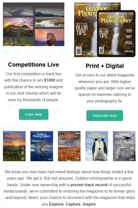 Screenshot of an Outdoor Photographer magazine promotion showing print and digital subscription options, a competition to win $1000, and magazine covers featuring landscapes, wildlife, and nature photography.