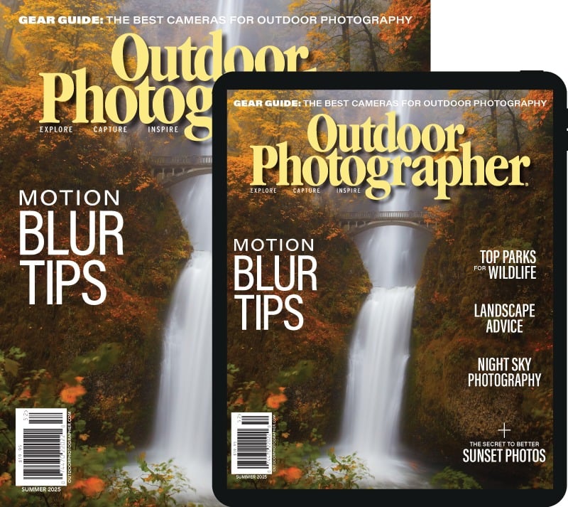 The cover of "Outdoor Photographer" magazine shows a waterfall surrounded by autumn trees. Headlines include "Motion Blur Tips," "Top Parks for Wildlife," "Landscape Advice," and "Night Sky Photography.