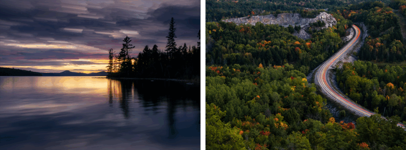Split image: On the left, a serene lakeside at sunset with silhouettes of trees and a colorful sky. On the right, an aerial view of a winding road through a forest with autumn foliage and light trails from cars.