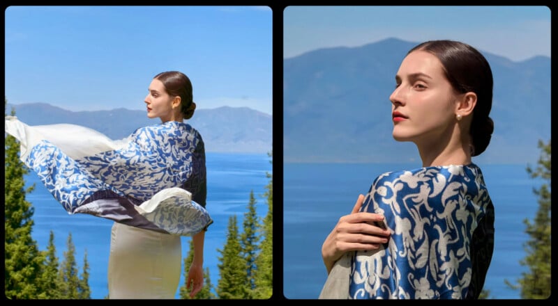 A woman with dark hair in a low bun stands outdoors by a lake and mountains, wearing a white dress and a blue-and-white patterned shawl. She looks serene, with pine trees and blue water in the background.