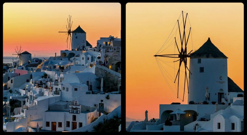 Two side-by-side photos of Santorini, Greece at sunset: white buildings and a traditional windmill stand out against an orange sky, with the sea visible in the background.