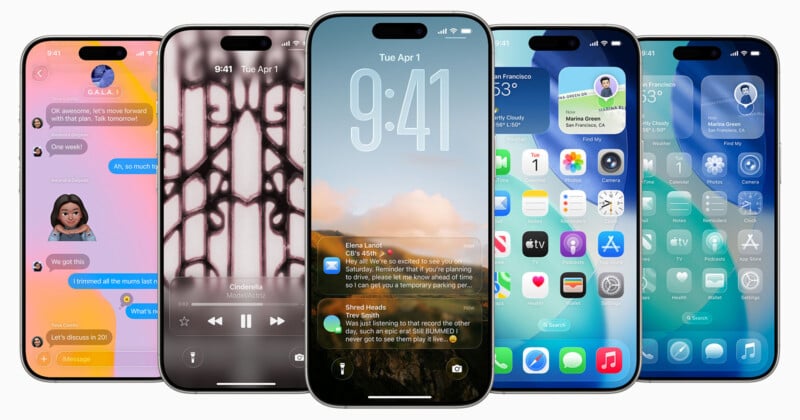 Five iPhones are displayed side by side, each showing a different screen: messages, music player, lock screen notifications, map directions, and a home screen with colorful app icons.