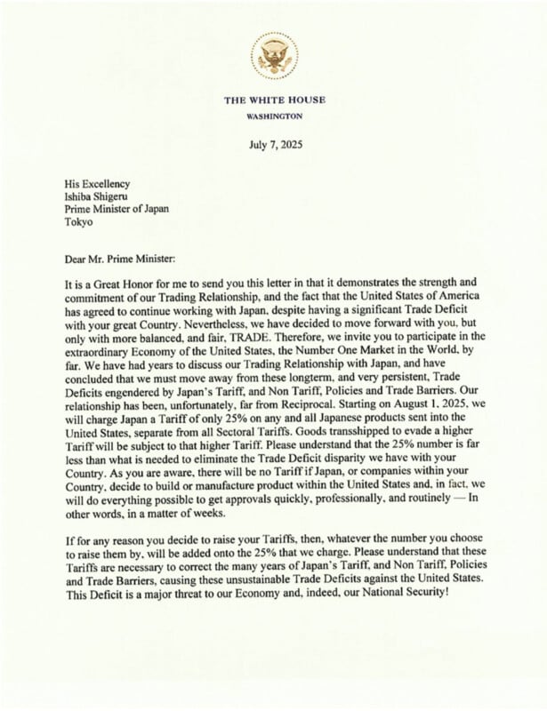 A formal letter from the White House to Japan’s Prime Minister, dated July 7, 2025, discussing trade deficits, tariffs on Japanese imports, and U.S. national security concerns.