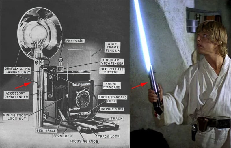 Luke Skywalker from Star Wars holding a flash handle as a lightsaber