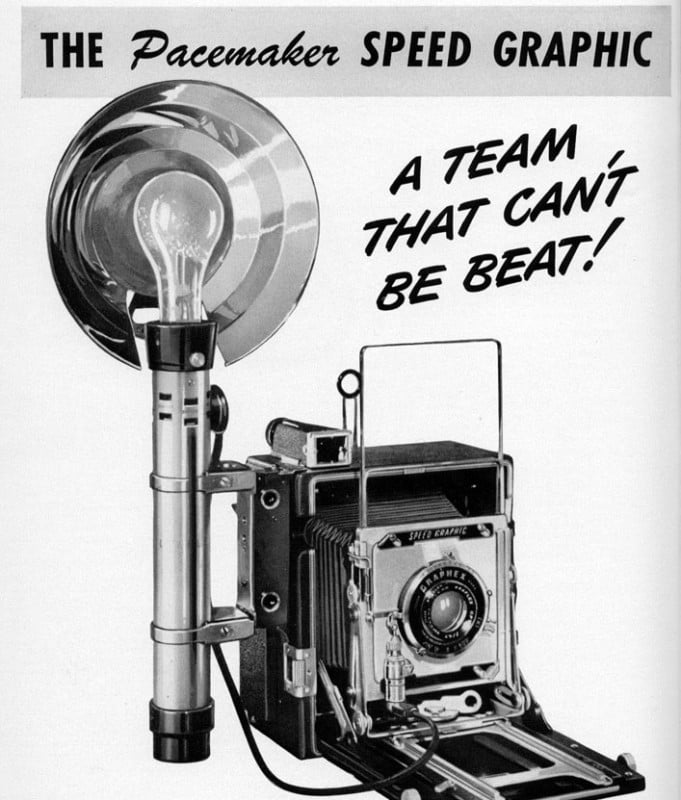 A vintage advertisement for a Speed Graphic camera