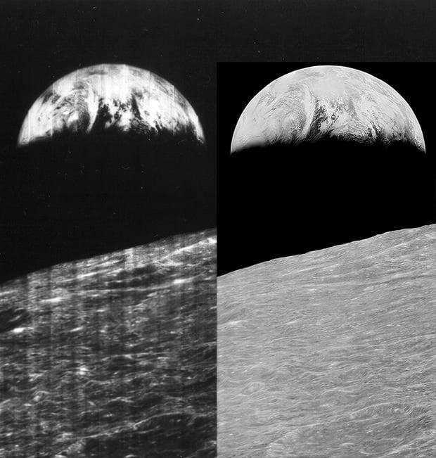 This is the first photo of Earth as seen from the Moon. On the left we have the original photo, and on the right the digitized version thanks to the LOIRP.
