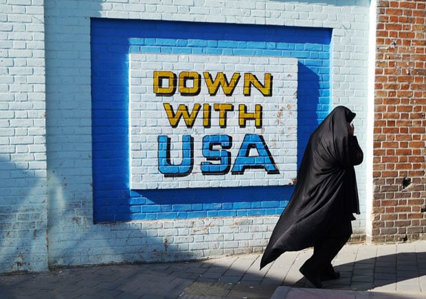 A mural painted on the wall of the former American embassy in Tehran. Murals such as this are at odds with statistics showing that, despite American sanctions, and the American-led coup against a elected and popular prime minister, more Iranians feel positively about America than do Turks or Indians.