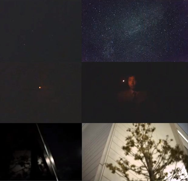 Before (left) and after (right) comparisons of identical scenes showing traditional sensors versus Canon's new sensor. From top to bottom, we see a starry night sky, a candlelit room, and a moonlit outdoor location.