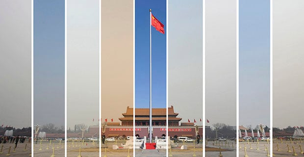 Combination picture shows the air pollution levels of the sky over Tiananmen Square during the National People's Congress in Beijing