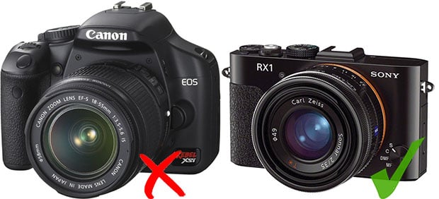 A Canon Rebel with an 18-55mm lens will be banned, while a Sony RX-1 full frame compact camera will be allowed