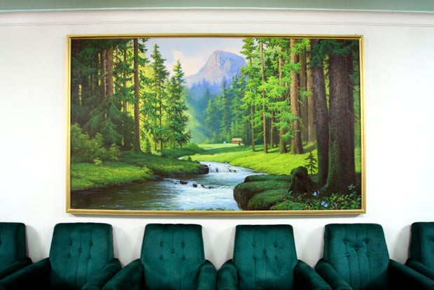 A painting inside the 'Tower of the Juche Idea' depicts Mount Paekdu, supposed birthplace of the North Korean leader Kim Jong-il. 2009