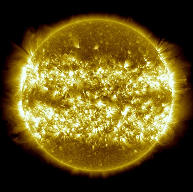 "This image, is a composite of 25 separate images spanning the period of April 16, 2012 to April 15, 2013. It uses the SDO AIA wavelength of 171 Angstroms and reveals the zones on the sun where active regions are most common during this part of the solar cycle. This version maintains the original aspect ratio of the AIA instrument imagery."