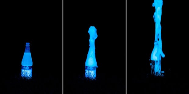Tonic Water fountain – Tonic water & Mentos illuminated with UV Metz Flash. Nikon D700 & 105mm f/2.8 AF-S Micro