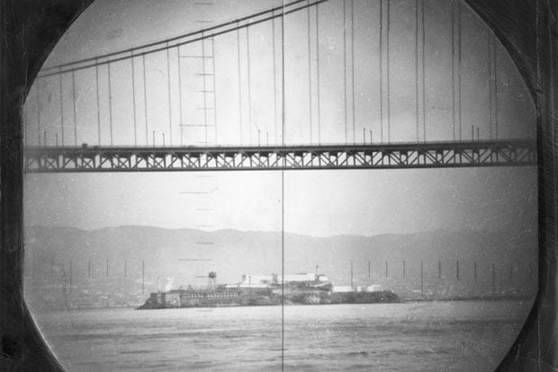 Alcatraz Island framed by the Golden Gate Bridge