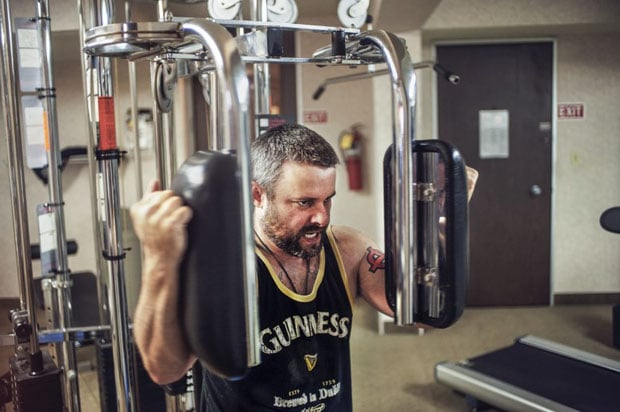 Chris Drake puts in time at the hotel's exercise room the night before the march on the Capitol.