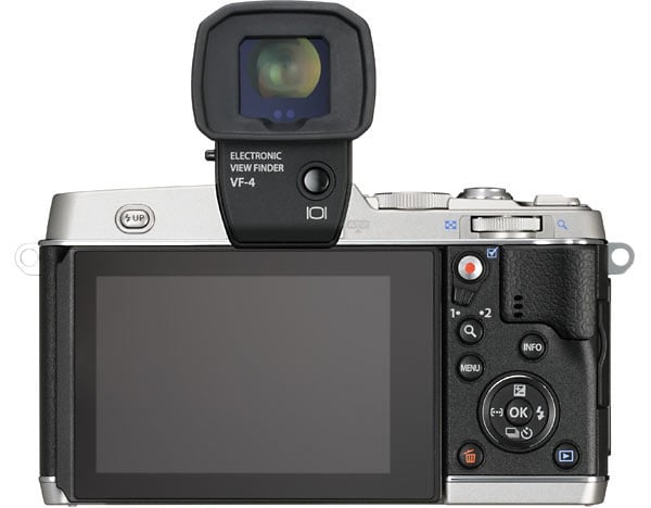 The back of the E-P5 with the optional Olympus VF-4 electronic viewfinder