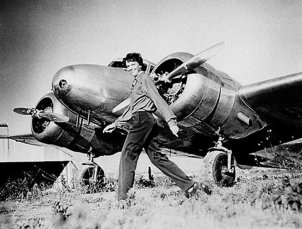 Amelia Earhart and the  Lockheed Electra she attempted to take around the world before disappearing desperately close to her goal.