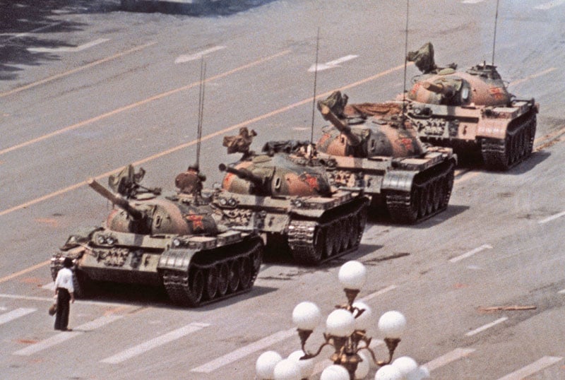 The iconic photograph "Tank Man," captured during the Tiananmen Square protests