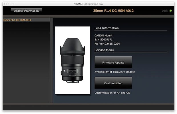 calibrate sigma lens without dock