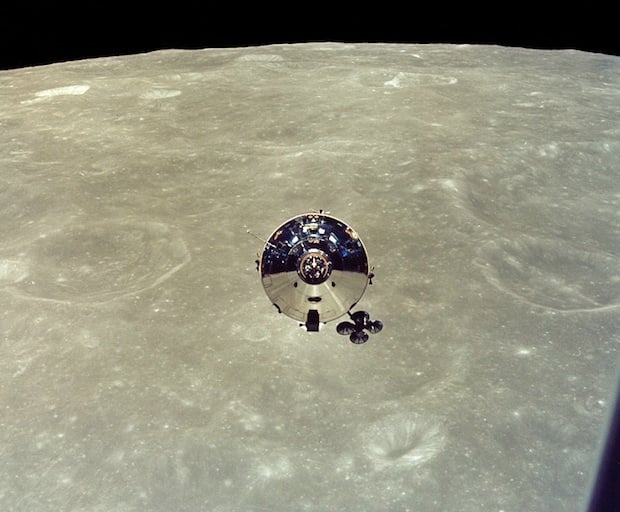 The Apollo 10 command module as seen from the lunar module during lunar orbit tests.