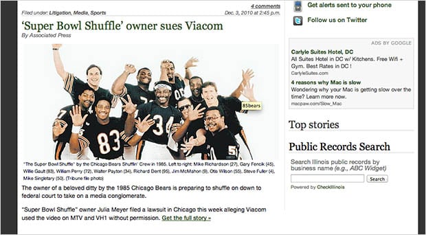 A screenshot showing how the photo was used on Chicago Breaking Business