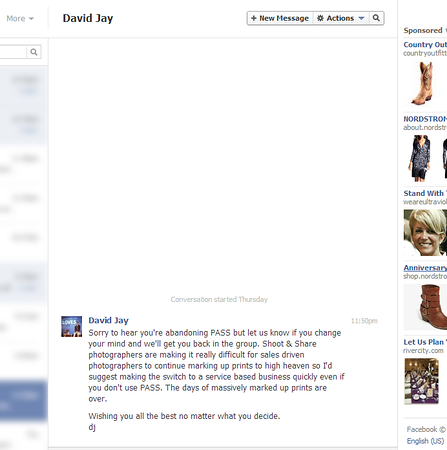 David Jay sends a Facebook message to a former user of his service