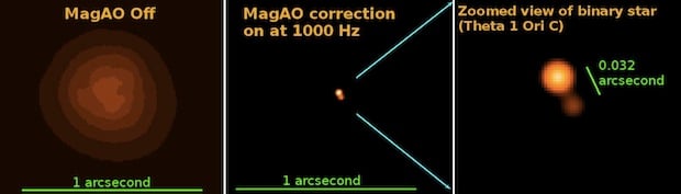 A comparison between images taken with and without the MagAO system turned on. Image credits: Photograph by Laird Close