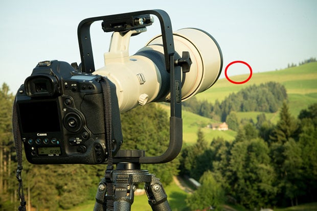 The equipment used.  The circle indicates the location on a distant hill that the ramp was located.