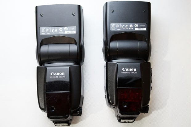 Notice the fake serial number on the left ﬂash. I still can’t tell the two Canon logos apart. 