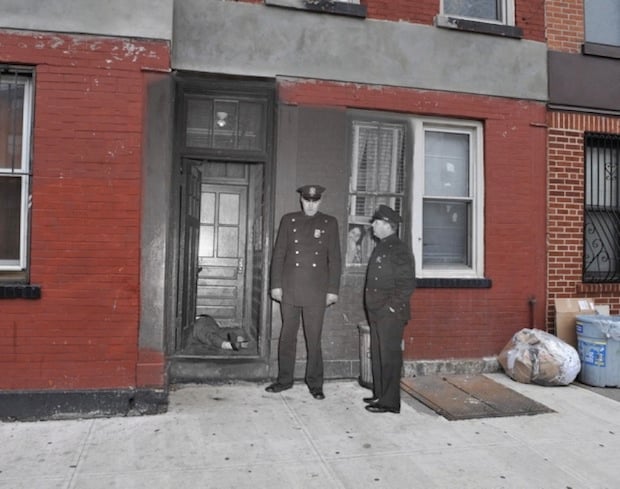 Gangster Salvatore Santoro seen dead in the vestibule of his Hicks St. apartment on January 31st, 1957.