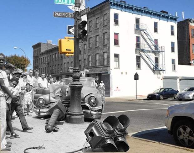 A stolen car is shown crashed into the light pole at the corner of Classon Ave. and Pacific St. on July 28, 1957.