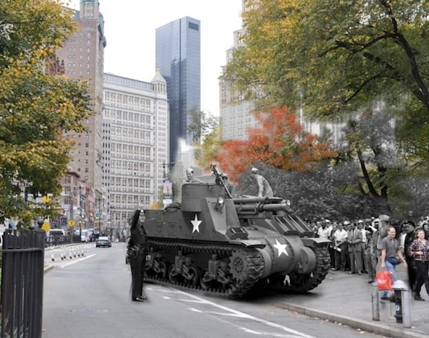 An M-7 tank destroyer being transported from City Hall to the Public Library on 42nd St. to be put on display on July 22, 1943.