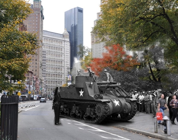 An M-7 tank destroyer being transported from City Hall to the Public Library on 42nd St. to be put on display on July 22, 1943.