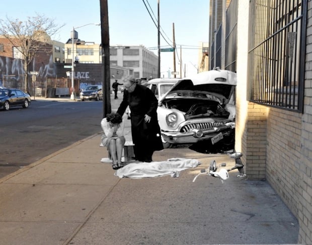 The aftermath of a car wreck that took the life of three-year-old Martha Cartagena, who was riding her tricycle when she was struck and killed on Porter Ave. in Brooklyn on April 4th, 1959.