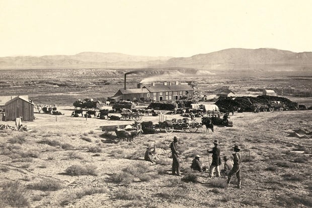 Members of Clarence King's Fortieth Parallel Survey team, near Oreana, Nevada. Taken in 1867.