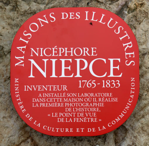 A plaque finally installed at the Le Gras house in France recognizing Niépce’s accomplishment. Photo by and courtesy of Pierre-Yves Mahé/Spéos.