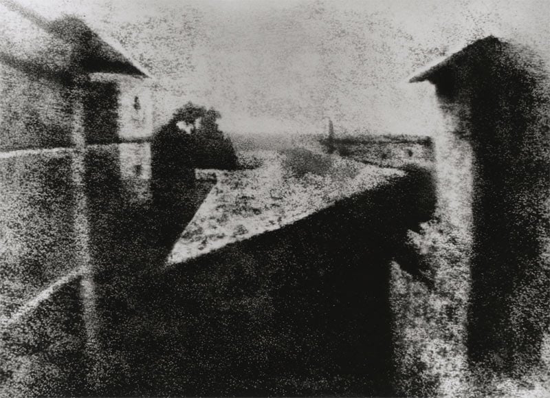 The first ever photo, showing a rooftop view, by Joseph Nicéphore Niépce