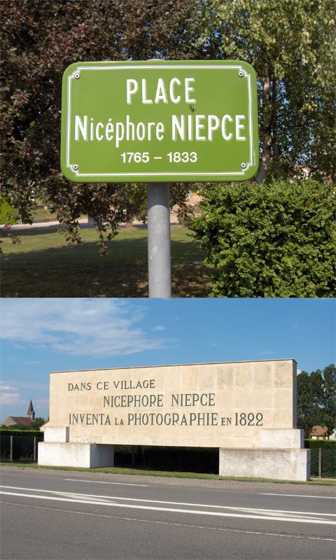 Hometown hero Niépce has his share of markers and memories in Chalon-sur-Saône and nearby Saint-Loup-de-Varennes. The 1822 date may be wrong but the honor is appropriate. Photos by the author.