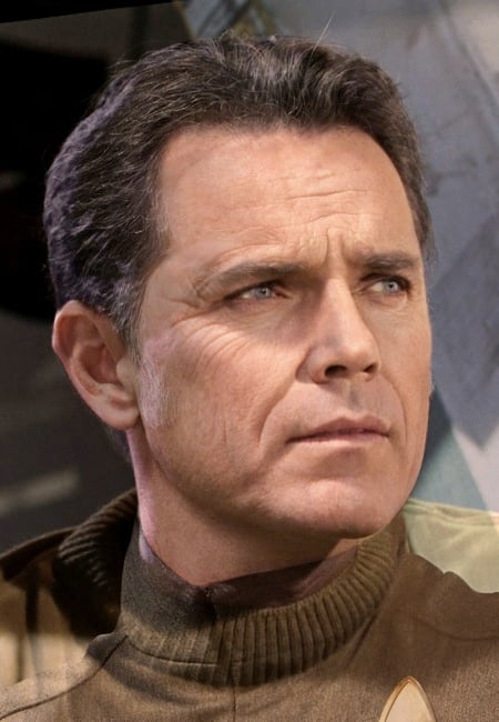 Jeffrey Hunter and Bruce Greenwood as Admiral Pike