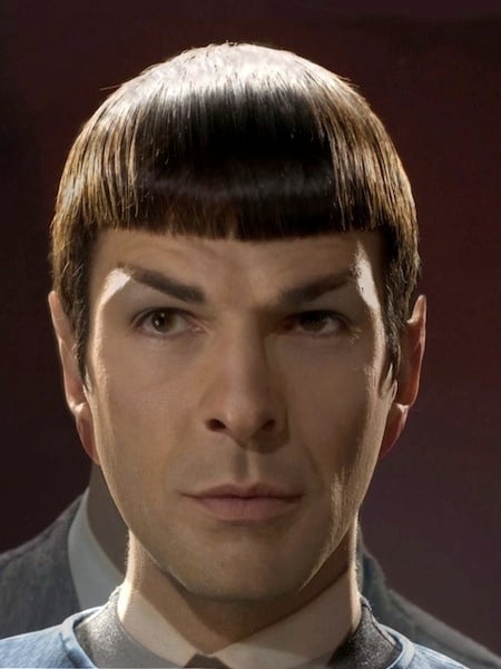 Leonard Nimoy and Zachary Quinto as Spock