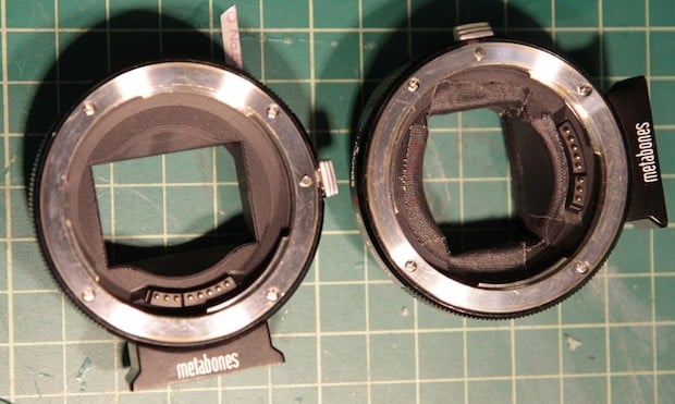 Normal and taped Metabones III adapters. Not nearly as neat as Marc’s but it covers the reflective surfaces.