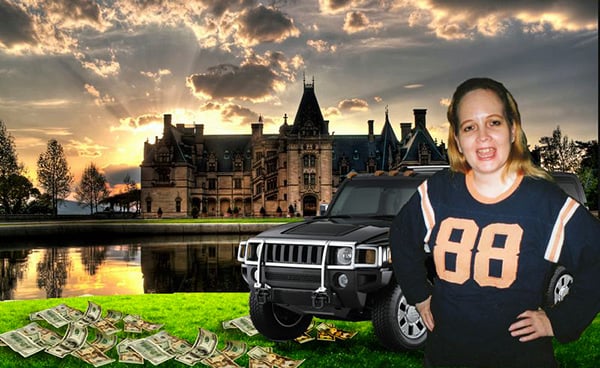 Photo by Jeanine Oleson for an inmate who requested “my mother standing in front of a mansion, or big castle with a bunch of money on the ground…”