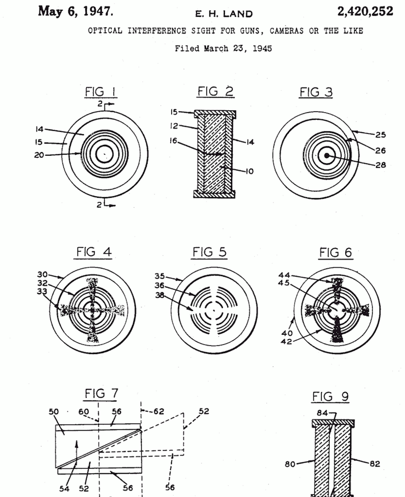 Drawings from US patent 2420252-0 for a polarized 'ring sight'. When the target is in position the polarization shows active crosshairs.