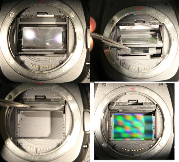 Canon EOS 5D Mark II showing main mirror (top left); partially lifted to show submirror (top right); fully lifted to show the shutter (bottom left); and with shutter opened to show the sensor (bottom right). The white area atop the mirror box is the focusing screen. 