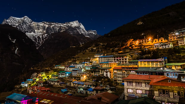 Namche Bazaar looking across to Kongde Ri (6187m), Khumbu region, Nepal.