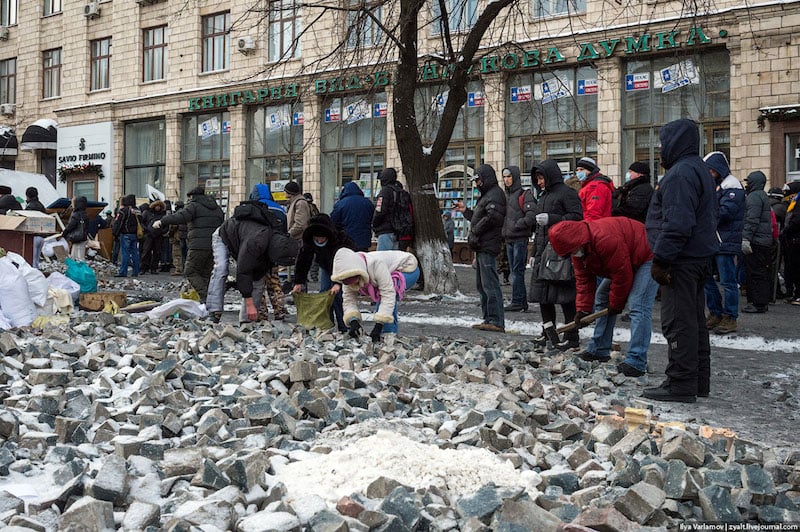 The Maidan’s quarries. People break the sett into easy to throw stones, load into sacks and bring to the frontline.