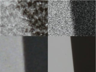Magnification of inkjet test chart (upper left) compared to film transparency charts (upper right and lower left). Image courtesy Imatest